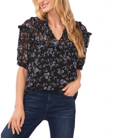 Women's Floral Tie-Neck Shirred-Yoke Blouse Black $38.27 Tops