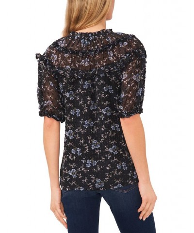 Women's Floral Tie-Neck Shirred-Yoke Blouse Black $38.27 Tops