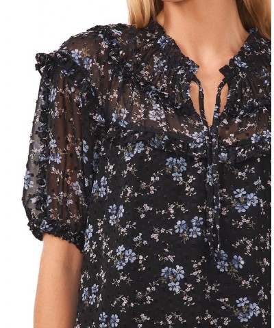 Women's Floral Tie-Neck Shirred-Yoke Blouse Black $38.27 Tops