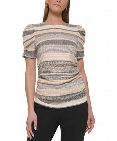 Women's Printed Side-Ruched Puff-Sleeve Knit Top Gold Sand $37.26 Tops