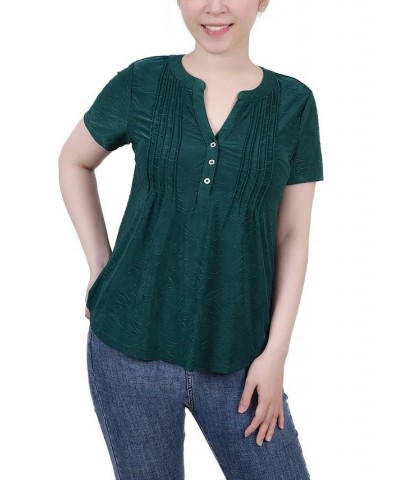 Petite Short Sleeve Y-neck Jacquard Knit Top Emerald $17.05 Tops