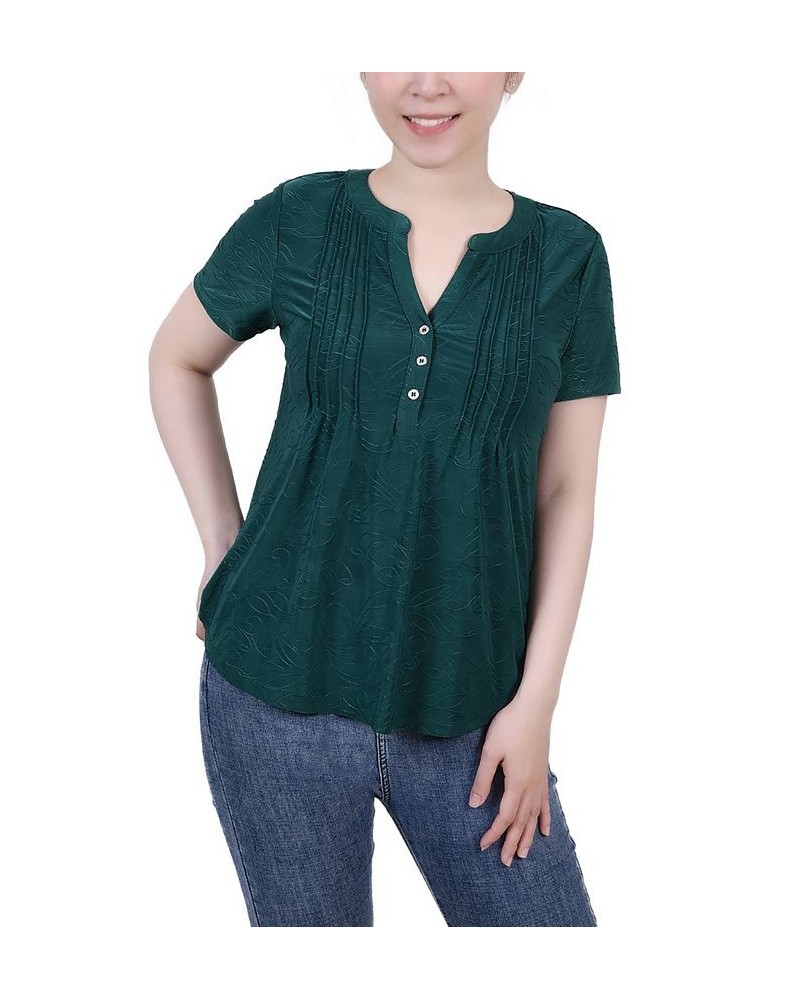 Petite Short Sleeve Y-neck Jacquard Knit Top Emerald $17.05 Tops