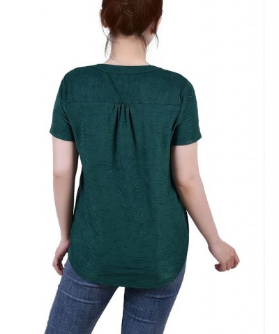 Petite Short Sleeve Y-neck Jacquard Knit Top Emerald $17.05 Tops