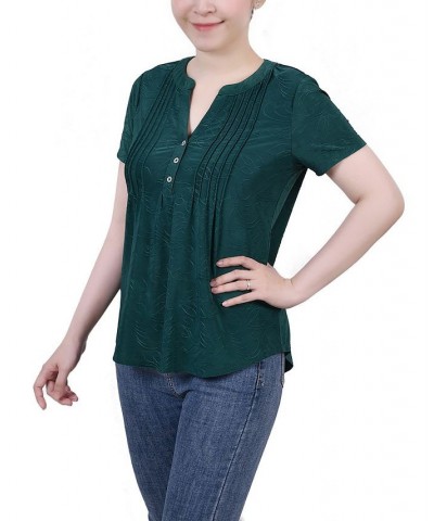 Petite Short Sleeve Y-neck Jacquard Knit Top Emerald $17.05 Tops