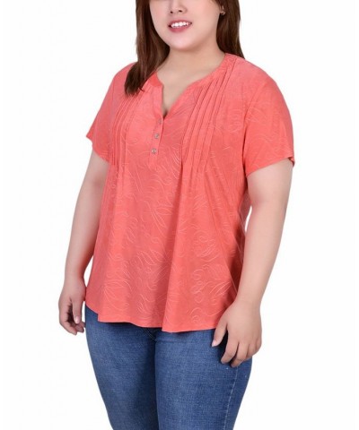 Plus Size Short Sleeve Y-Neck Jacquard Knit Top Orange $16.01 Tops