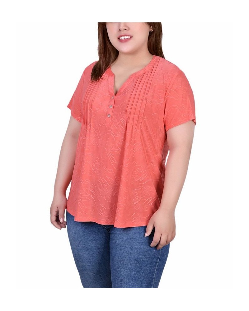 Plus Size Short Sleeve Y-Neck Jacquard Knit Top Orange $16.01 Tops