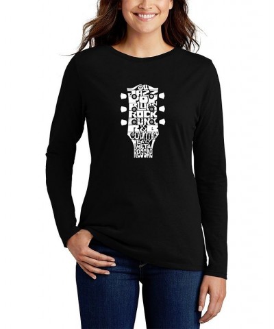 Women's Long Sleeve Word Art Guitar Head Music Genres T-shirt Black $18.86 Tops