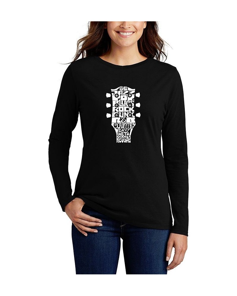 Women's Long Sleeve Word Art Guitar Head Music Genres T-shirt Black $18.86 Tops