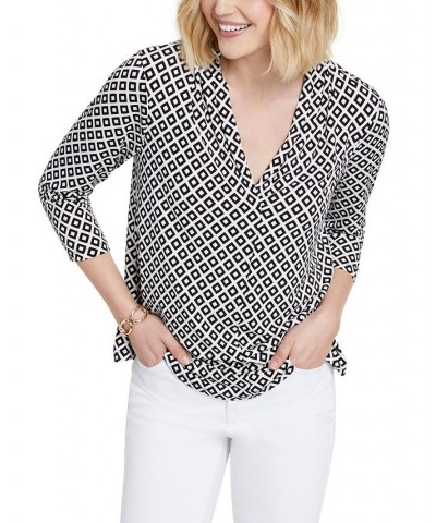 Petite Geometric Print V-Neck 3/4-Sleeve Top Black $18.07 Tops