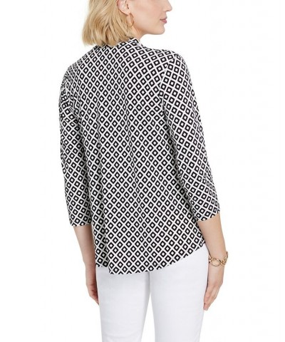 Petite Geometric Print V-Neck 3/4-Sleeve Top Black $18.07 Tops