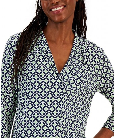 Petite Geometric Print V-Neck 3/4-Sleeve Top Black $18.07 Tops