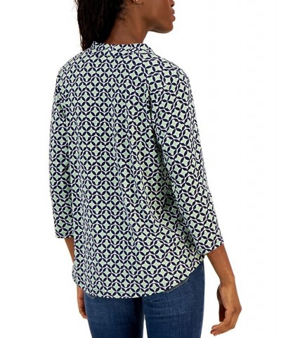 Petite Geometric Print V-Neck 3/4-Sleeve Top Black $18.07 Tops