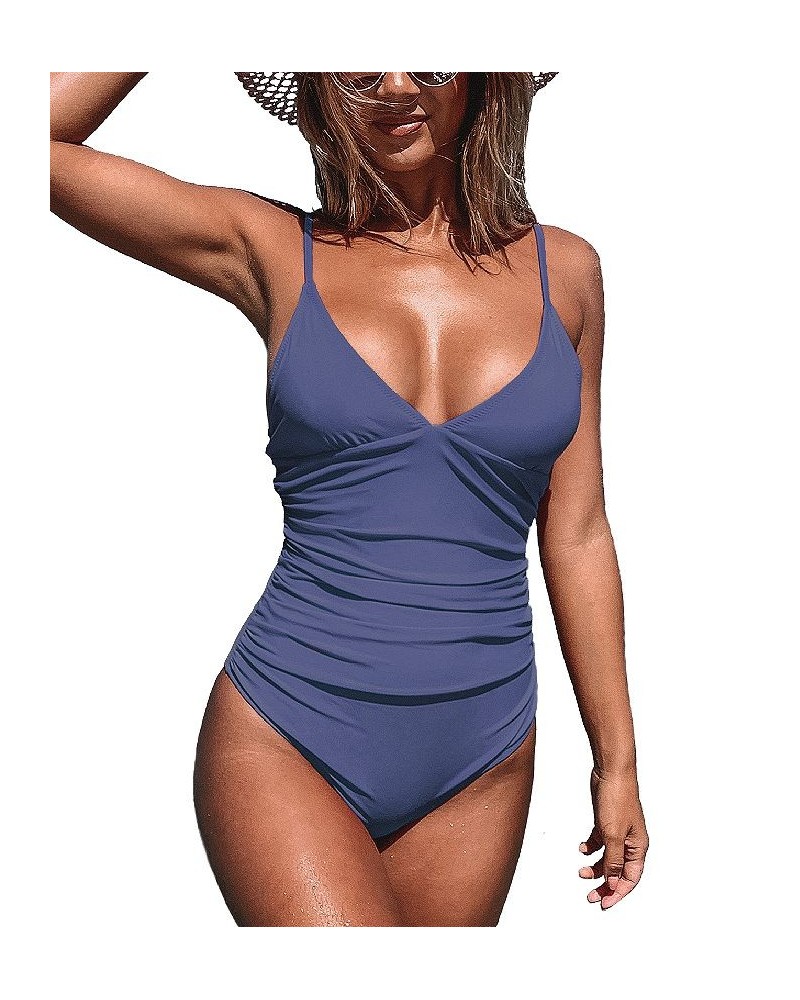 Women's Bright Day Shirring One Piece Swimsuit Dark Blue $26.78 Swimsuits