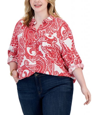 Plus Size Roll-Tab-Sleeve Button-Up Shirt Scarlet/White $30.58 Tops