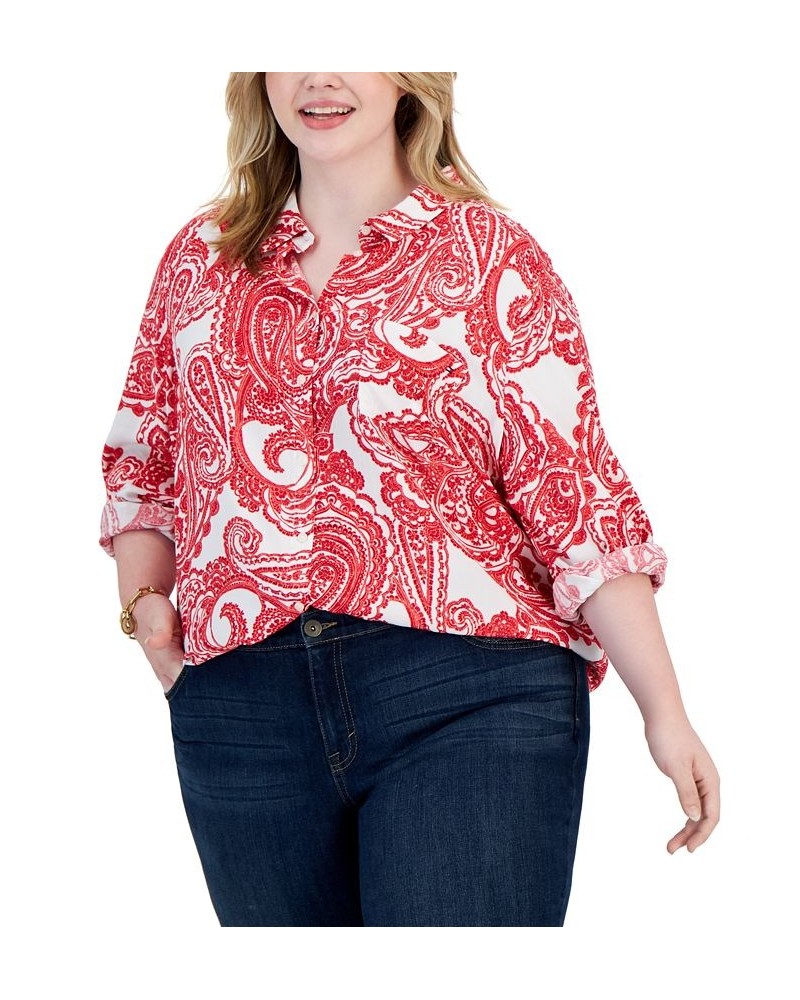 Plus Size Roll-Tab-Sleeve Button-Up Shirt Scarlet/White $30.58 Tops