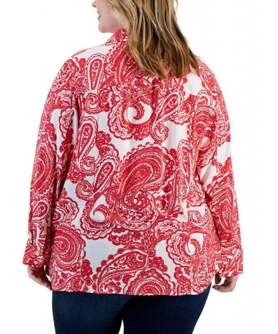 Plus Size Roll-Tab-Sleeve Button-Up Shirt Scarlet/White $30.58 Tops