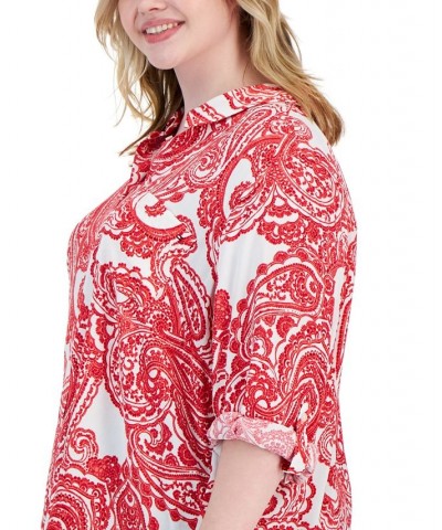 Plus Size Roll-Tab-Sleeve Button-Up Shirt Scarlet/White $30.58 Tops