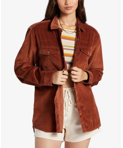 Juniors' Cotton Let It Go Cord Boyfriend-Fit Shirt Rustic Brown $22.08 Tops