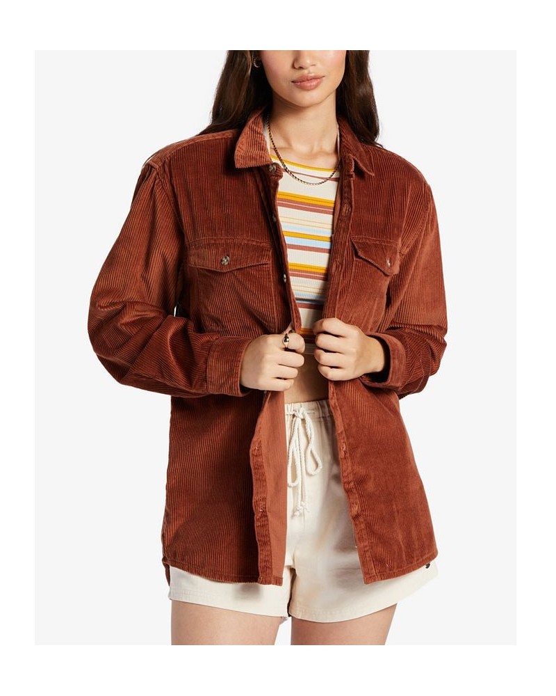 Juniors' Cotton Let It Go Cord Boyfriend-Fit Shirt Rustic Brown $22.08 Tops