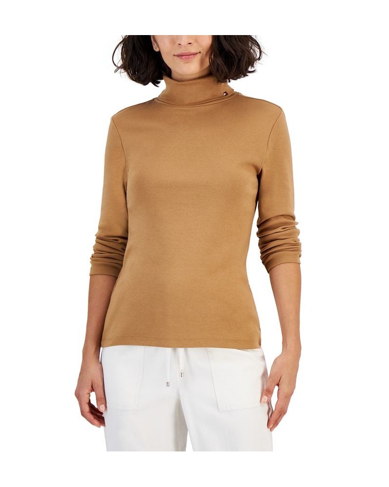 Women's Long Sleeve Cotton Turtleneck Top Tobacco $13.55 Tops