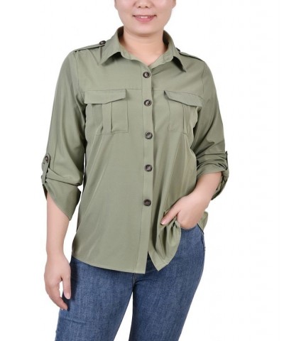 Petite 3/4 Sleeve Roll Tab Blouse Green $17.28 Tops