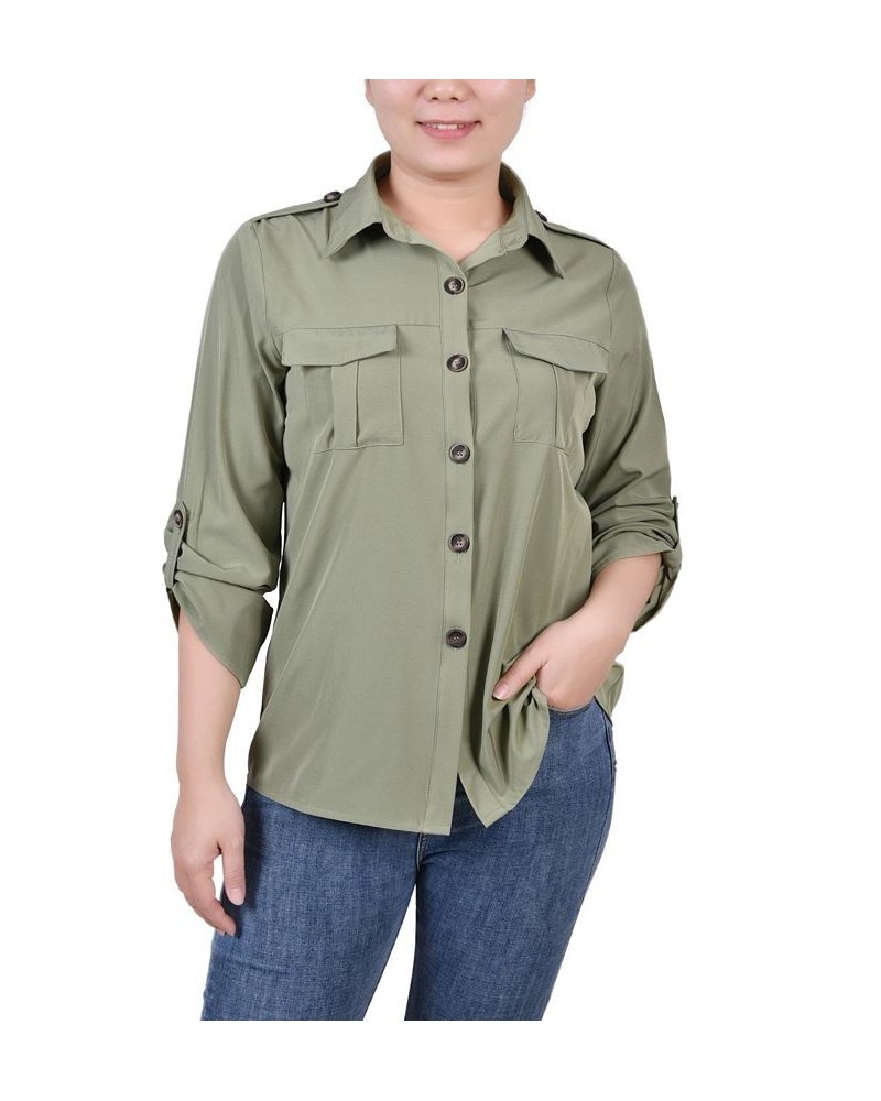 Petite 3/4 Sleeve Roll Tab Blouse Green $17.28 Tops