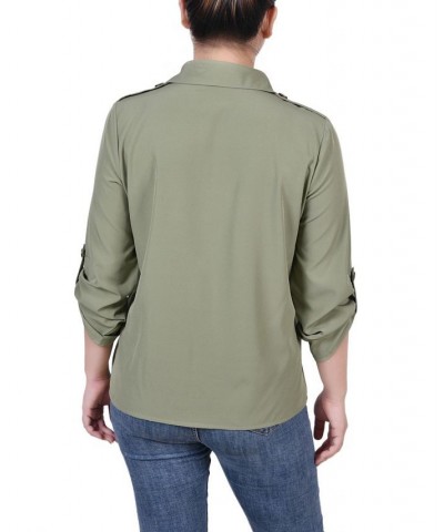 Petite 3/4 Sleeve Roll Tab Blouse Green $17.28 Tops