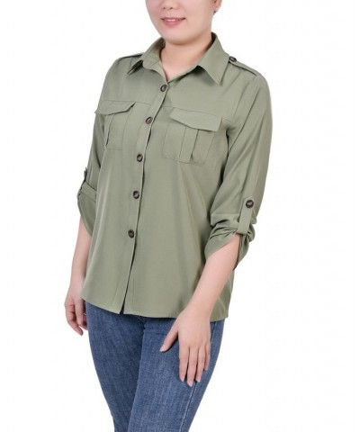 Petite 3/4 Sleeve Roll Tab Blouse Green $17.28 Tops