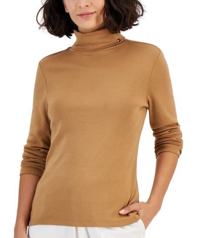 Women's Long Sleeve Cotton Turtleneck Top Tobacco $13.55 Tops