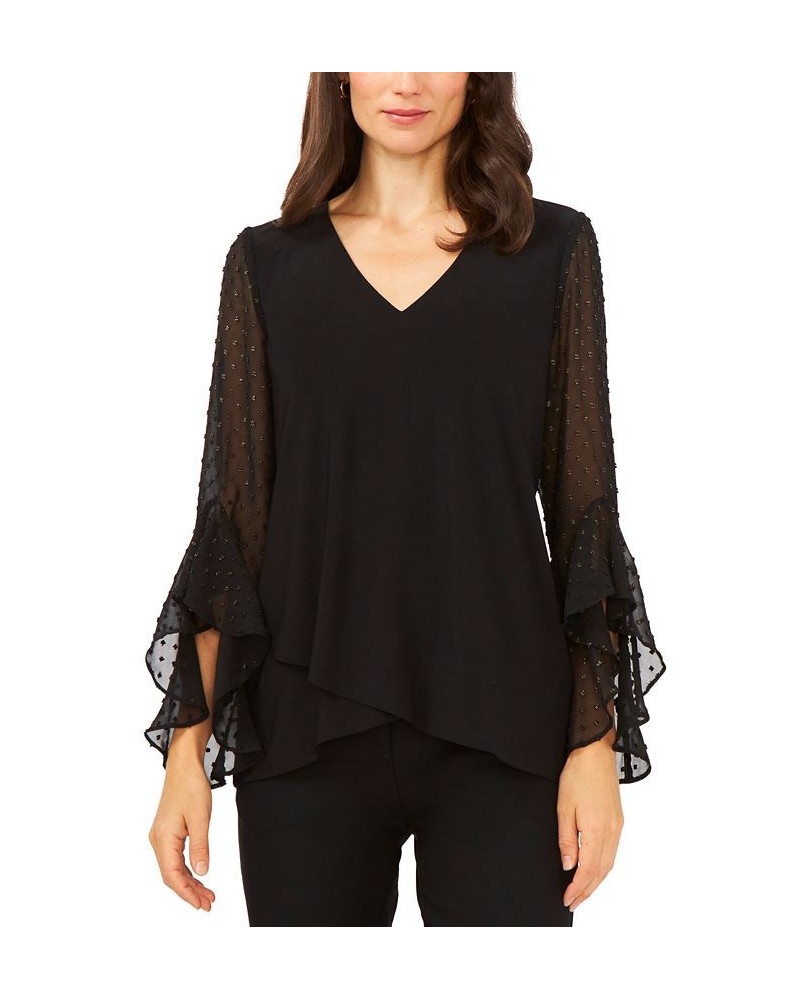 Embellished-Ruffle-Sleeve Top Black/Gold $40.29 Tops