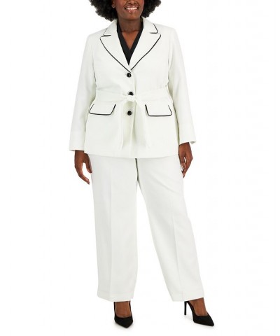 Plus Size Contrast-Trim Belted Jacket & Pants White $80.00 Suits