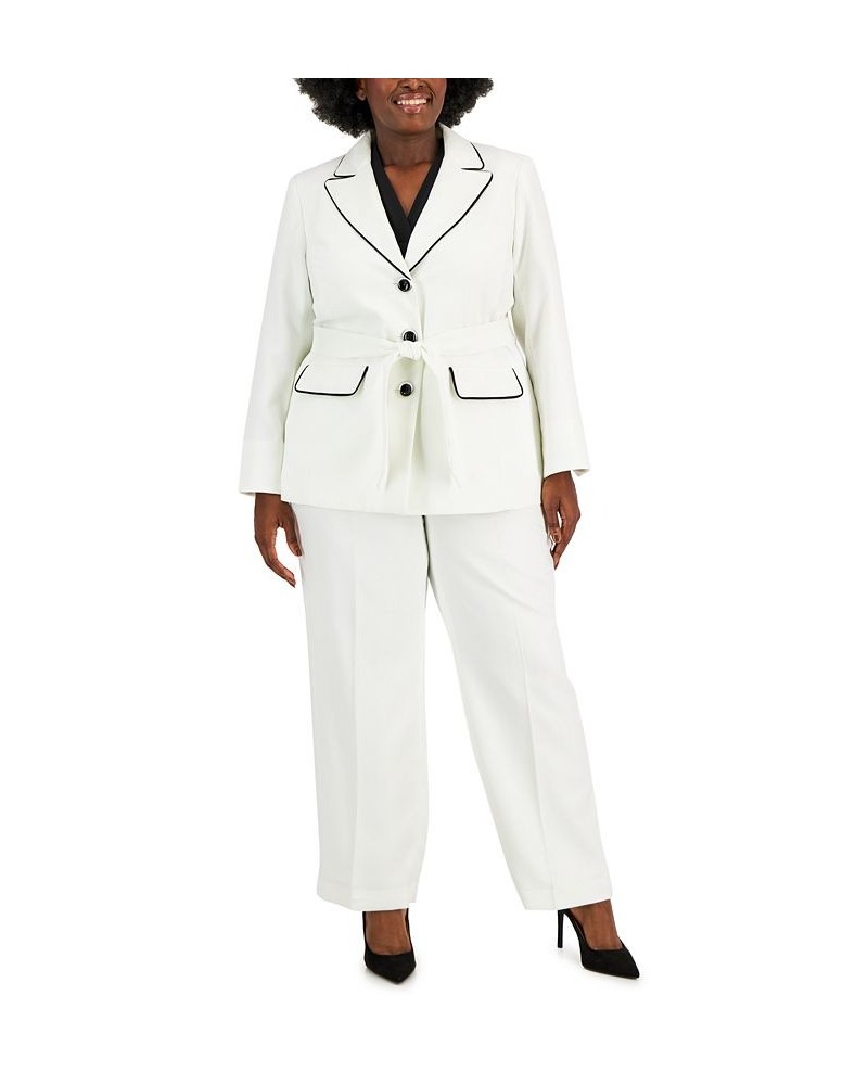 Plus Size Contrast-Trim Belted Jacket & Pants White $80.00 Suits