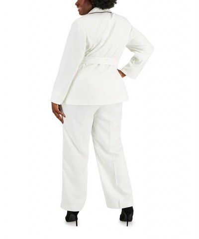 Plus Size Contrast-Trim Belted Jacket & Pants White $80.00 Suits