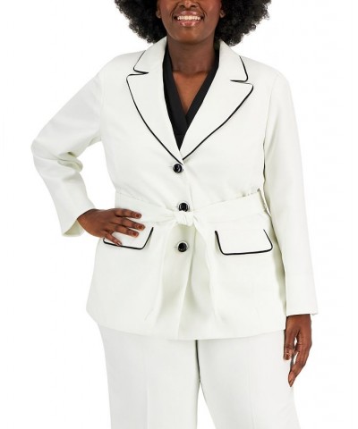 Plus Size Contrast-Trim Belted Jacket & Pants White $80.00 Suits