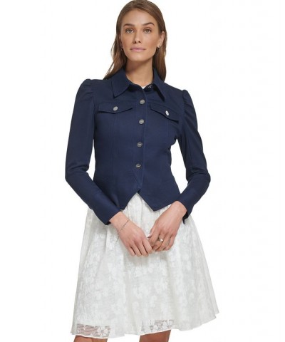 Women's Puff-Sleeve Long-Sleeve Cropped Jacket Spring Navy $47.17 Jackets