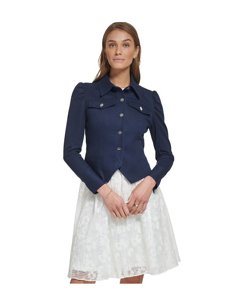 Women's Puff-Sleeve Long-Sleeve Cropped Jacket Spring Navy $47.17 Jackets