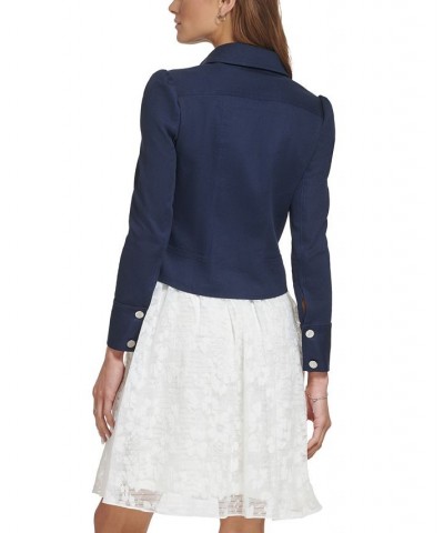 Women's Puff-Sleeve Long-Sleeve Cropped Jacket Spring Navy $47.17 Jackets