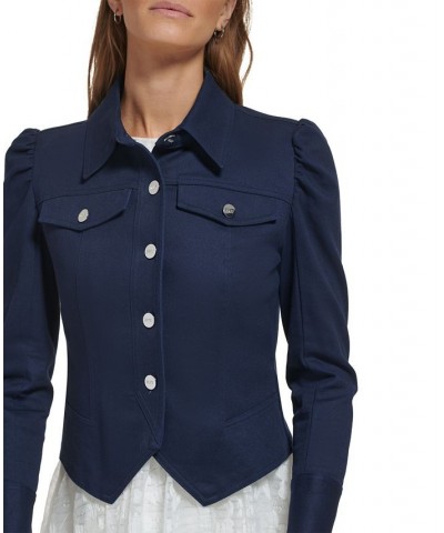 Women's Puff-Sleeve Long-Sleeve Cropped Jacket Spring Navy $47.17 Jackets