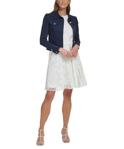 Women's Puff-Sleeve Long-Sleeve Cropped Jacket Spring Navy $47.17 Jackets