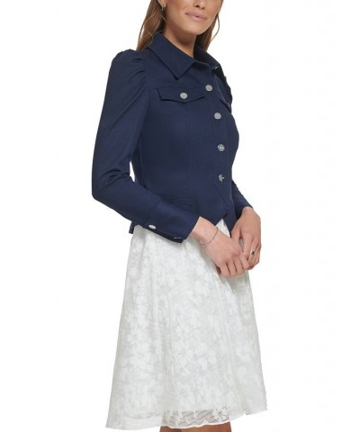 Women's Puff-Sleeve Long-Sleeve Cropped Jacket Spring Navy $47.17 Jackets