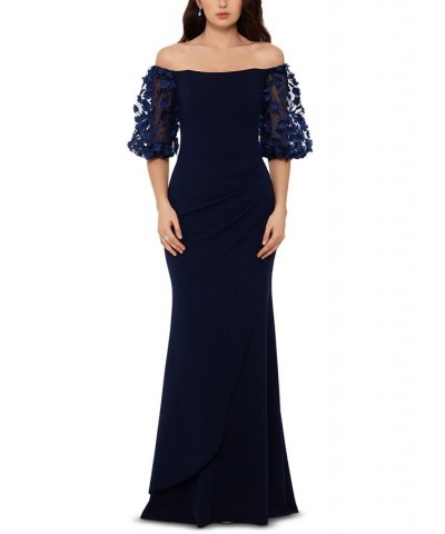 Off-The-Shoulder Floral-Sleeve Gown Navy $86.08 Dresses