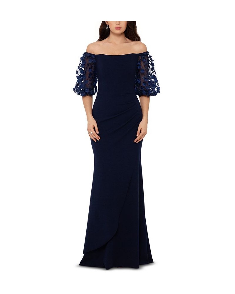 Off-The-Shoulder Floral-Sleeve Gown Navy $86.08 Dresses