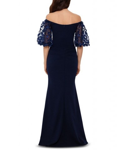 Off-The-Shoulder Floral-Sleeve Gown Navy $86.08 Dresses