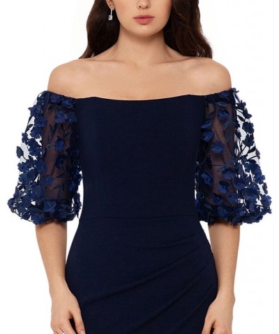 Off-The-Shoulder Floral-Sleeve Gown Navy $86.08 Dresses