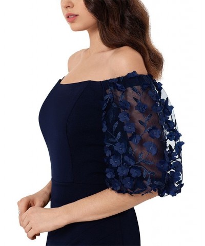 Off-The-Shoulder Floral-Sleeve Gown Navy $86.08 Dresses