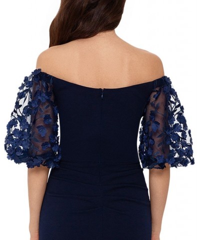 Off-The-Shoulder Floral-Sleeve Gown Navy $86.08 Dresses