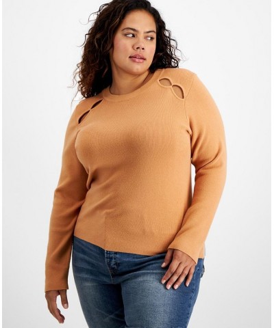 Plus Size Ribbed Long-Sleeve Cutout Sweater Brown $18.29 Sweaters