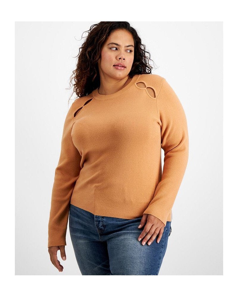 Plus Size Ribbed Long-Sleeve Cutout Sweater Brown $18.29 Sweaters