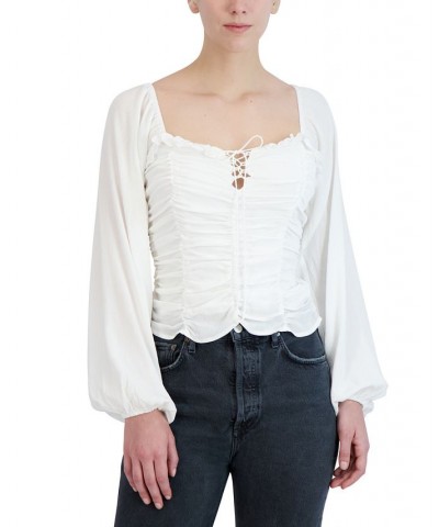 Women's Shirred Sheer-Sleeve Top Off White $29.52 Tops