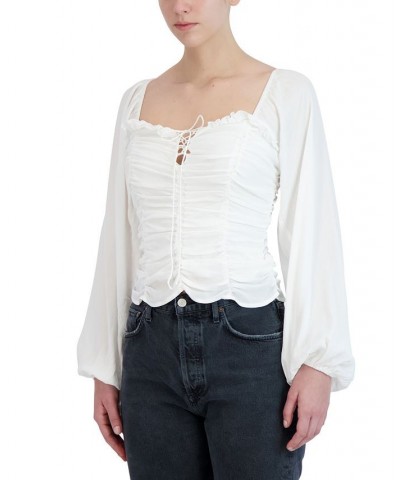 Women's Shirred Sheer-Sleeve Top Off White $29.52 Tops